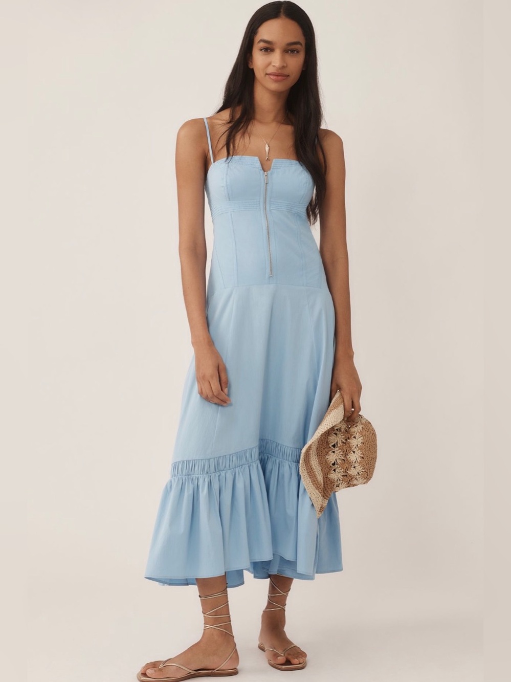 By Anthropologie Zip Front Ruffle Hem Midi Dress